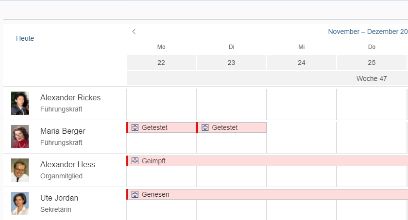 Teamkalender mit Corona Status